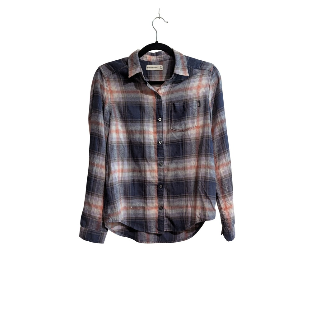 Abercrombie Kids Plaid Button‎ Down Shirt Kids 13/14 Navy Orange Flannel Style